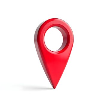A large red 3D map pin icon on a white background