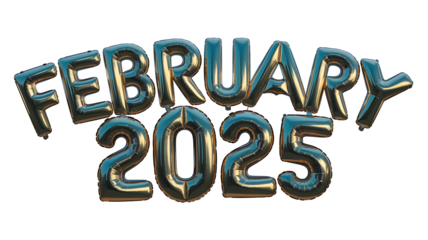 February 2025 in Silver Foil Balloon Isolated  on Transparent Background, 3D February 2025 Silver Text  Design