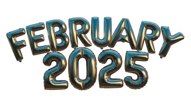 February 2025 in Silver Foil Balloon Isolated  on Transparent Background, 3D February 2025 Silver Text  Design