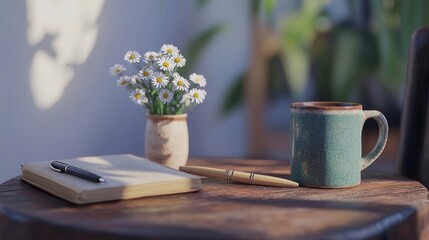 A cozy workspace with a mug, notebook, and flowers on a table.