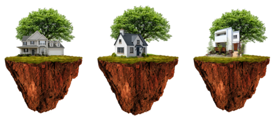 Set of floating land isolated on transparent background, theme of eco-sustainable nature. 