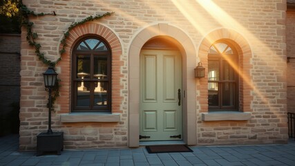 Sunlit entrance to a charming brick home with arched windows and a light green door