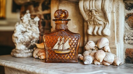 Amber glass decanter with sailboat image, seashells, and sculptures on mantel.