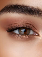 Obraz premium Beautiful african american woman eyes with classic volume eyelash extensions. Eyebrow correction. Macro female eyes glitter makeup. Natural beauty Cosmetology and skin care cosmetic concept.