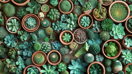Natural and Spontaneous Terracotta Pot Scattered with Cacti Variety in Soft Lighting