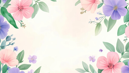 Fototapeta premium Floral Watercolor Background Illustration Featuring Pastel Pink and Purple Flowers With Delicate Greenery