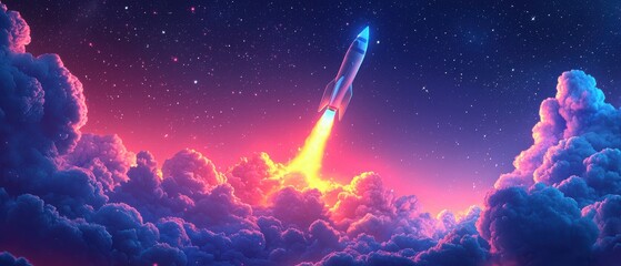Rocket Launching into Space with Vibrant Colors and Dramatic Clouds, Universe Background, Science Fiction Theme