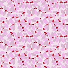 Seamless floral pattern featuring pink leaves and red berries arranged in a whimsical design suitable for various creative projects