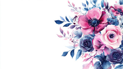 Fototapeta premium Beautiful Watercolor Floral Background Featuring Pastel Pink and Blue Flowers Against a White Canvas