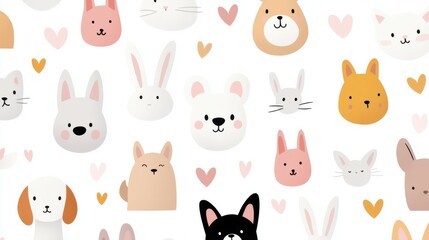A collection of cartoon animal faces with hearts in the background