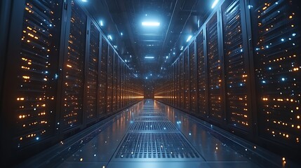 Futuristic server room corridor with glowing lights.