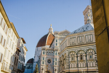 The facade of the Basilica of Santa Maria del Fiore in Florence. Brunelleschi's Dome, Giotto's Bell Tower. Revival. Italian architecture, history, art