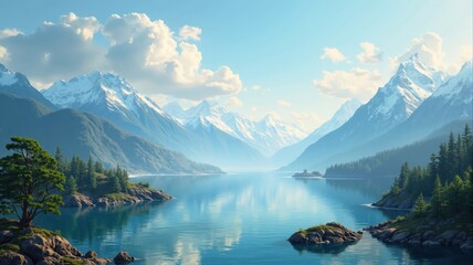 Serene lake reflecting majestic snow capped mountains and lush pine forests