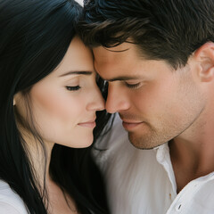 Naklejka premium Close up portraits of mid 20s couple in love. Putting their head together.