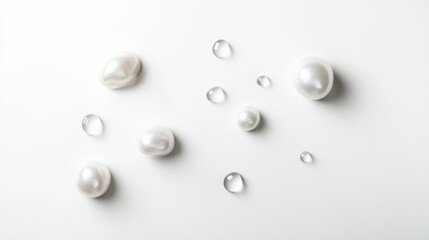 Luxurious Pearls and Water Drops on White Background Beauty and Skincare Concept