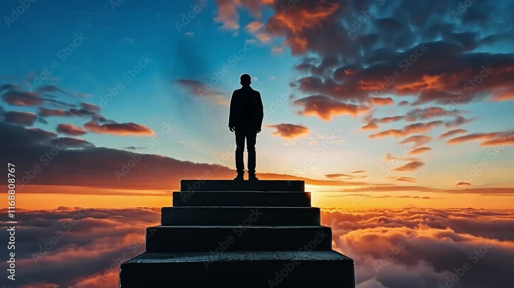 Poster a lone figure stands on a staircase leading into a sky filled with colorful clouds during sunset. th
