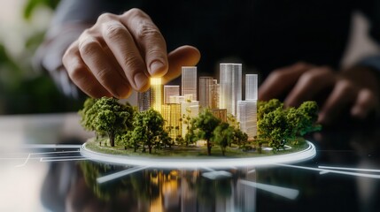 Urban planner studying a holographic city model, aligning zones for harmony and growth, focus, goalsetting, direction