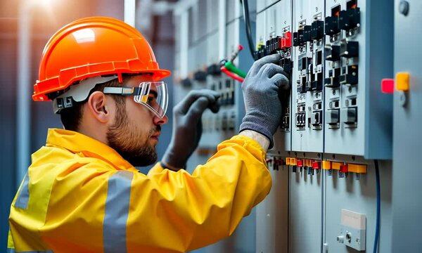 Electric engineer working with  electrical panel control with switches, indicators and lights