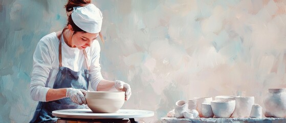 Skilled artisan molds clay on pottery wheel, creating beautiful ceramic bowl in serene studio setting