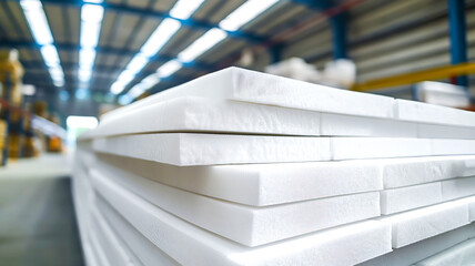 Stack of expanded polystyrene (EPS) sheets in large production warehouse. The white foam panels are arranged, showcasing their lightweight structure, thermal insulation and energy efficiency
