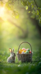 Rabbit beside a colorful Easter egg basket in a sunlit forest clearing