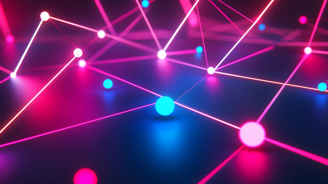 Abstract neon network connection, glowing pink and blue nodes linked by vibrant lines. Perfect for technology, connectivity, and network concepts.