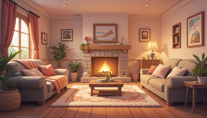 Cozy cartoon-style living room with warm blankets, plush pillows, and inviting fireplace