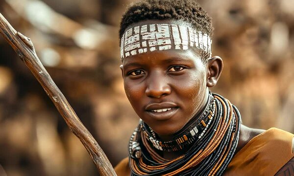 Tribe young man posing to camera, African traditional living people 