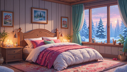 Cozy cartoon-style bedroom with fluffy bed, colorful bedding, and wintery window view