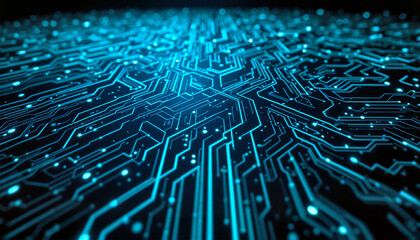 Futuristic circuit board background with intricate patterns of neon blue and green lines on a dark backdrop, creating a high-tech and sophisticated atmosphere