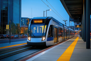 Modern light rail train arriving at a city station at dusk.