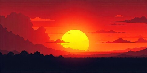 Fiery Sunset Landscape Dramatic Sky Sun Clouds Horizon Silhouette