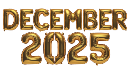 3D Balloon Font in Golden Text, December 2025 Golden Font Design, Golden 3D Balloon Text for December 2025 Isolated on Transparent Background