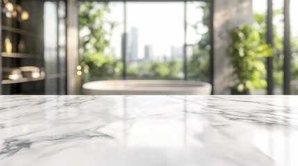 White bathroom interior. with towel on marble table with blurred bathroom interior background
