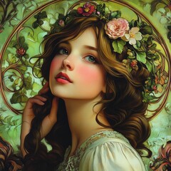Elegant Art Nouveau Portrait of a Young Woman with Floral Accents