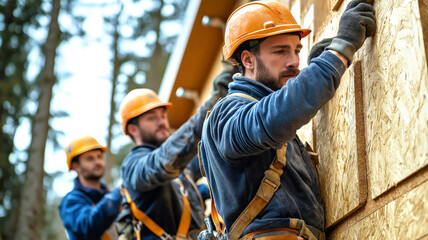 Team of construction workers wearing protective gear, including hard hats and gloves, working collaboratively on assembling OSB (oriented strand board) panels for exterior walls of frame house