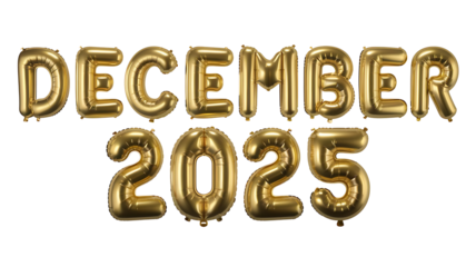 3D Balloon Font in Golden Text, December 2025 Golden Font Design, Golden 3D Balloon Text for December 2025 Isolated on Transparent Background