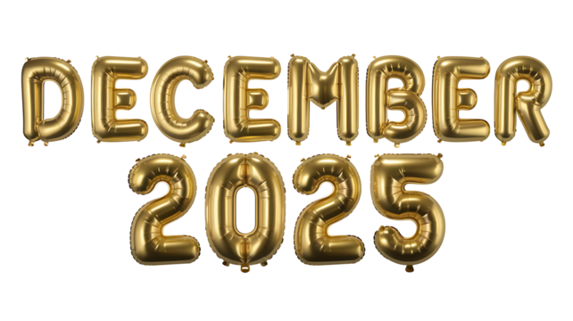 3D Balloon Font in Golden Text, December 2025 Golden Font Design, Golden 3D Balloon Text for December 2025 Isolated on Transparent Background