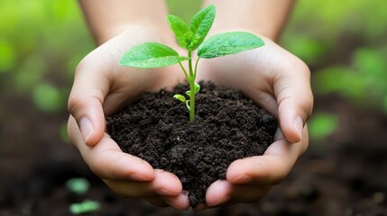 Protecting New Life Hands Gently Holding a Young Sprout in Rich Soil