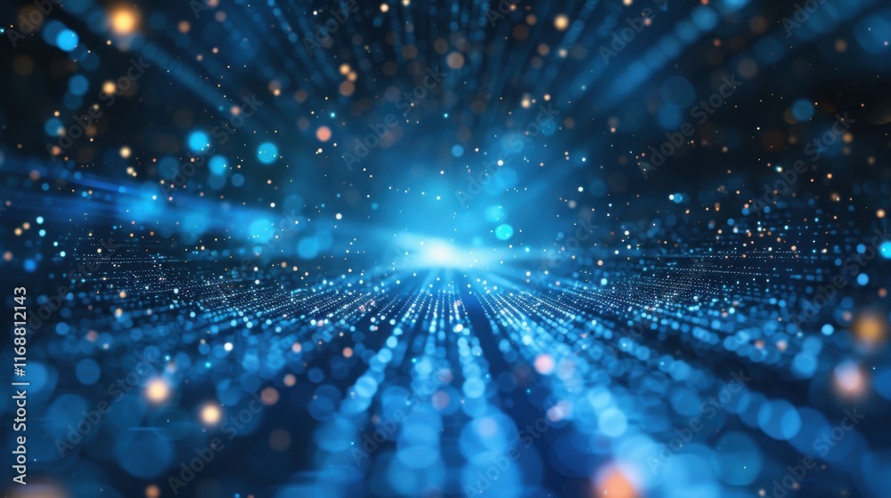 Poster deep blue cyber space with dynamic digital lines and dots, depicting high speed data transfer and ne