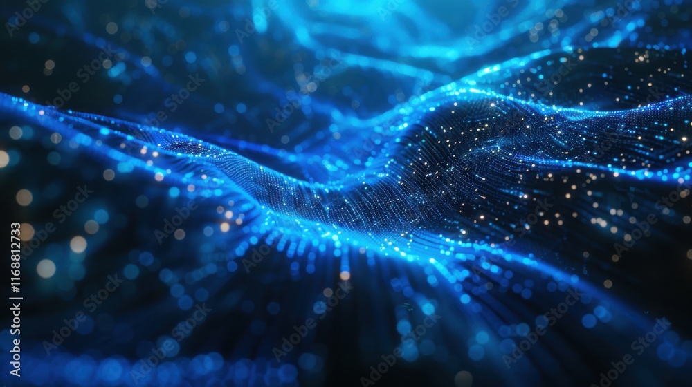 Poster deep blue cyber space with dynamic digital lines and dots, depicting high speed data transfer and ne