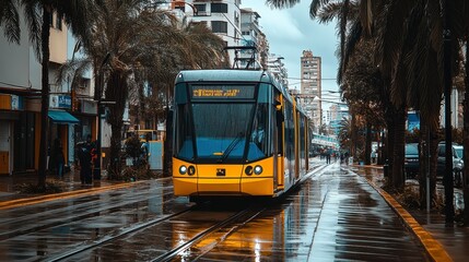 Fototapeta premium Modern Tram Passing Through Rainy City Street Palm Trees Urban Transportation