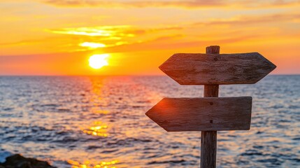 Sunset over ocean signpost directional guidance at seaside scenic view tranquil setting