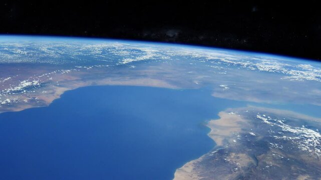 Earth rotating slowly in space showing gulf of Aden in Arabian sea. Animation based on image by nasa