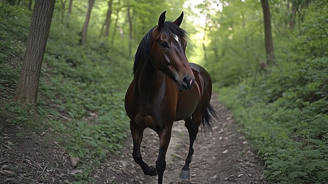 Brown horse walking on forest trail.