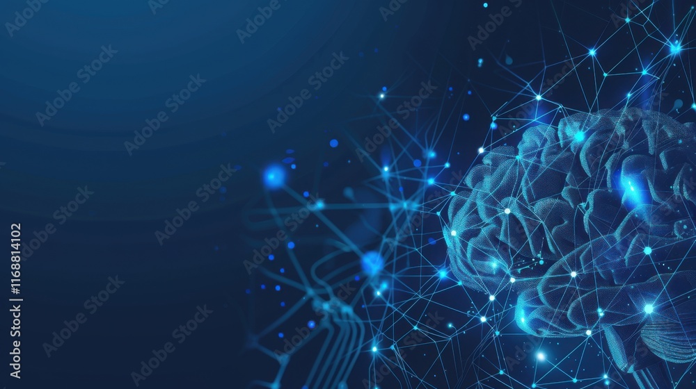Poster digital brain background with space for text. circuit board brains, ai and technology concept, blue 