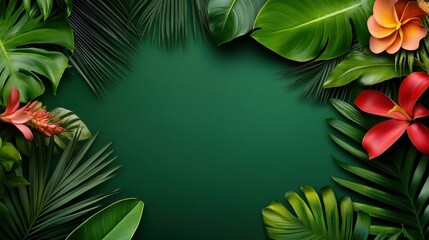 Fototapeta premium A green background with a bunch of leaves and flowers