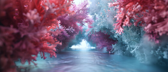 Obraz premium Ethereal Waterway Surrounded by Vibrant Coral in a Dreamlike Underwater Landscape