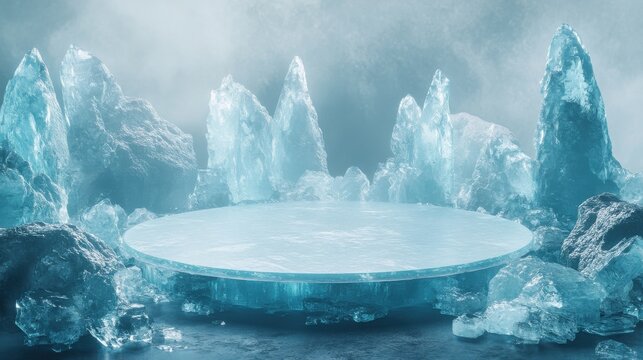 Majestic ice cave with surreal circular ice platform and frosty pillars