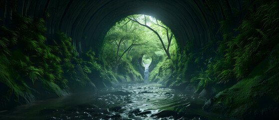 Obraz premium Tranquil Waterflow Through a Lush Green Tunnel Surrounded by Serene Nature and Soft Light in a Forest Landscape
